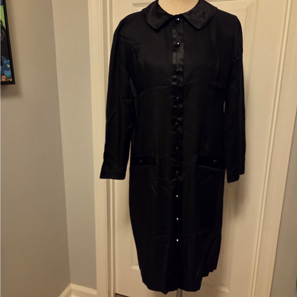 Brownstone Studio Vintage Black Satin Button-Front Long Shirt Dress size 10